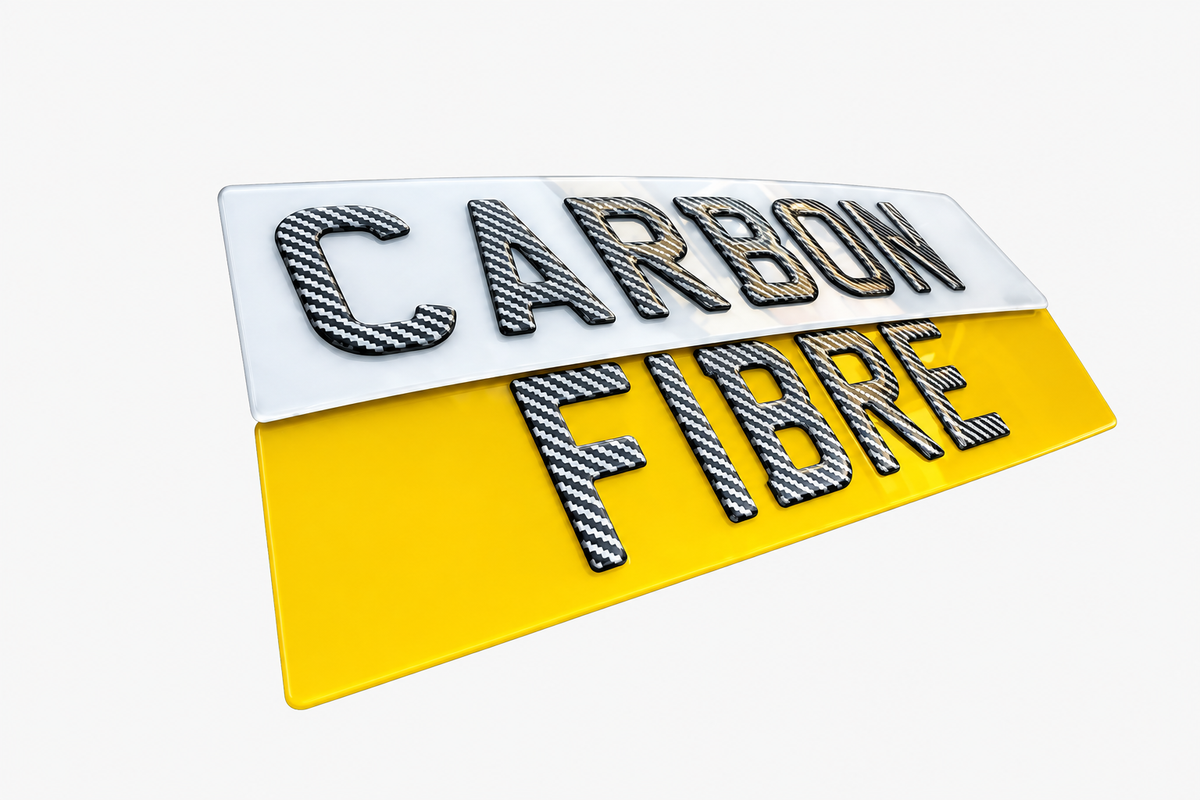 Plate Vision carbon fibre show plates in white and yellow